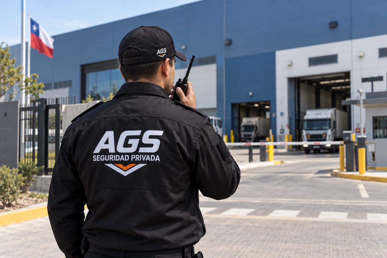 Guardia de seguridad con uniforme negro y logo AGS en la espalda supervisando el acceso a una empresa