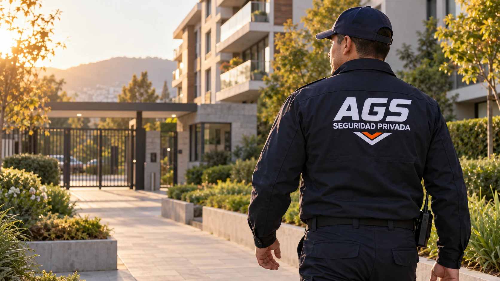Guardia con uniforme AGS realizando una ronda en un condominio