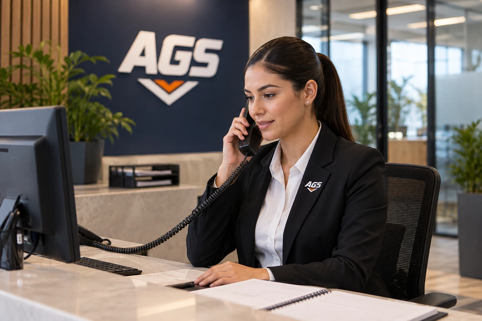 Recepcionista con uniforme corporativo AGS atendiendo una llamada en la recepción de una oficina